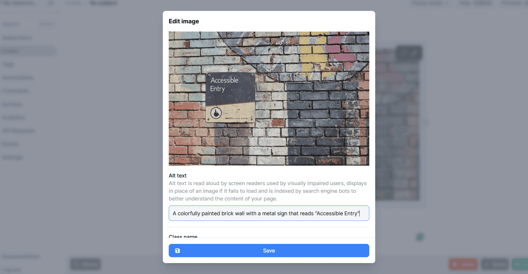 Buttondown's edit image interface with the alt text directly below an uploaded header image.
