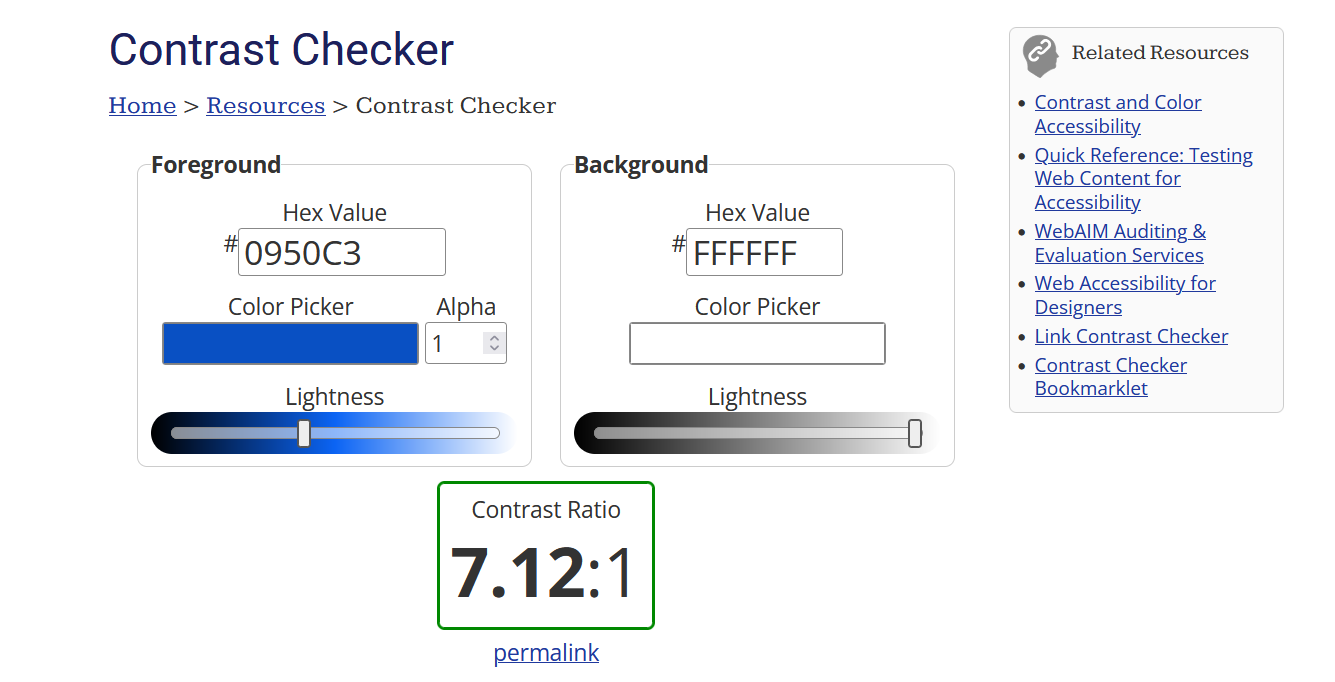 WebAIM's Contrast Checker tool, showing a dark blue foreground color and a white background color for a contrast ratio of 7.12:1.