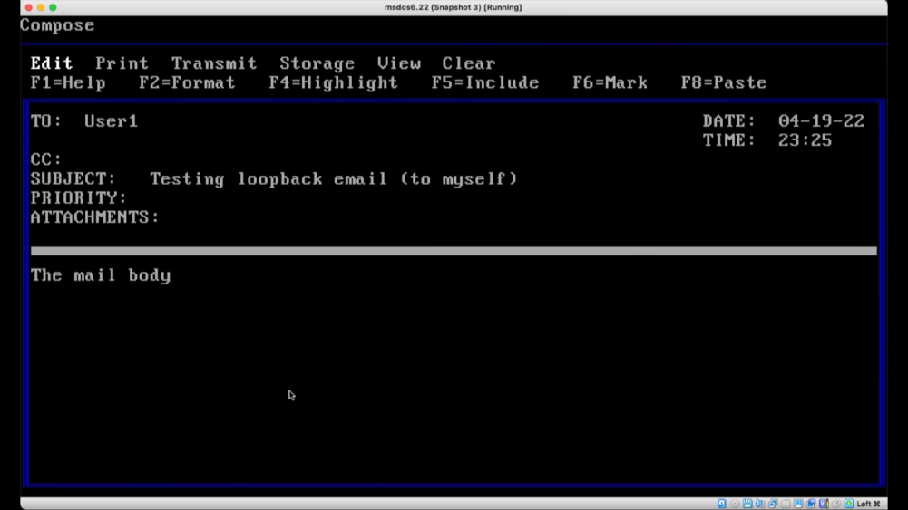 The graphical user interface of Microsoft Mail 2.1 from the 1990s. One of the available fields in the DOS view is Attachments.