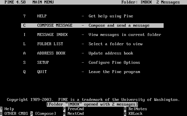 The Pine email client interface, running in a command-line interface.