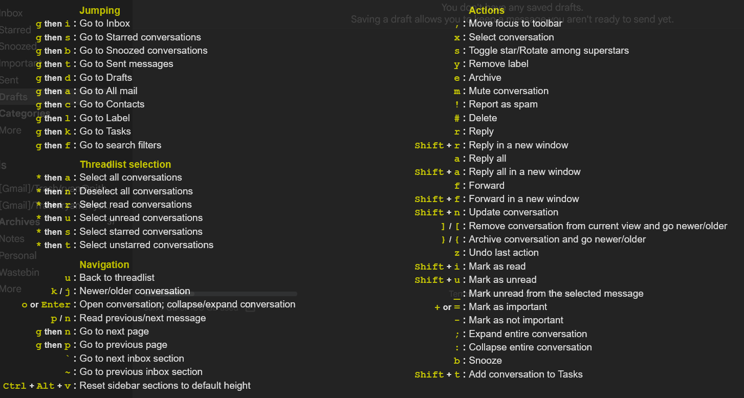 A list of Gmail's keyboard shortcuts and what actions they're tied to.