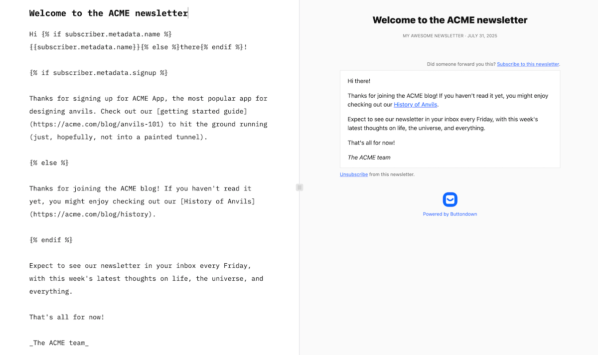 Metadata-powered if/else statements in Buttondown emails