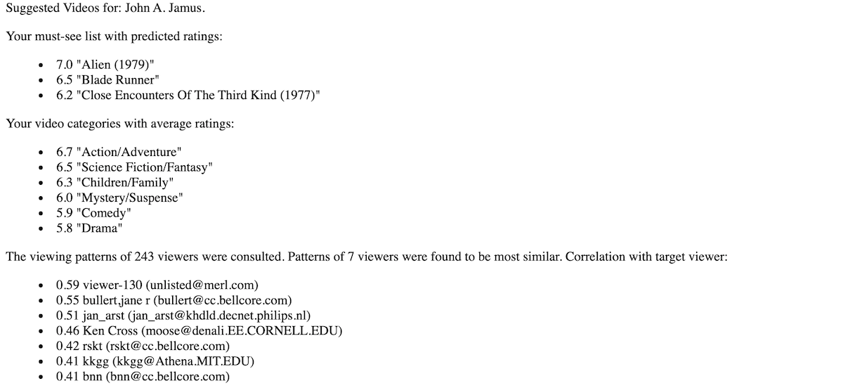 video@bellcore example movie recommendations
