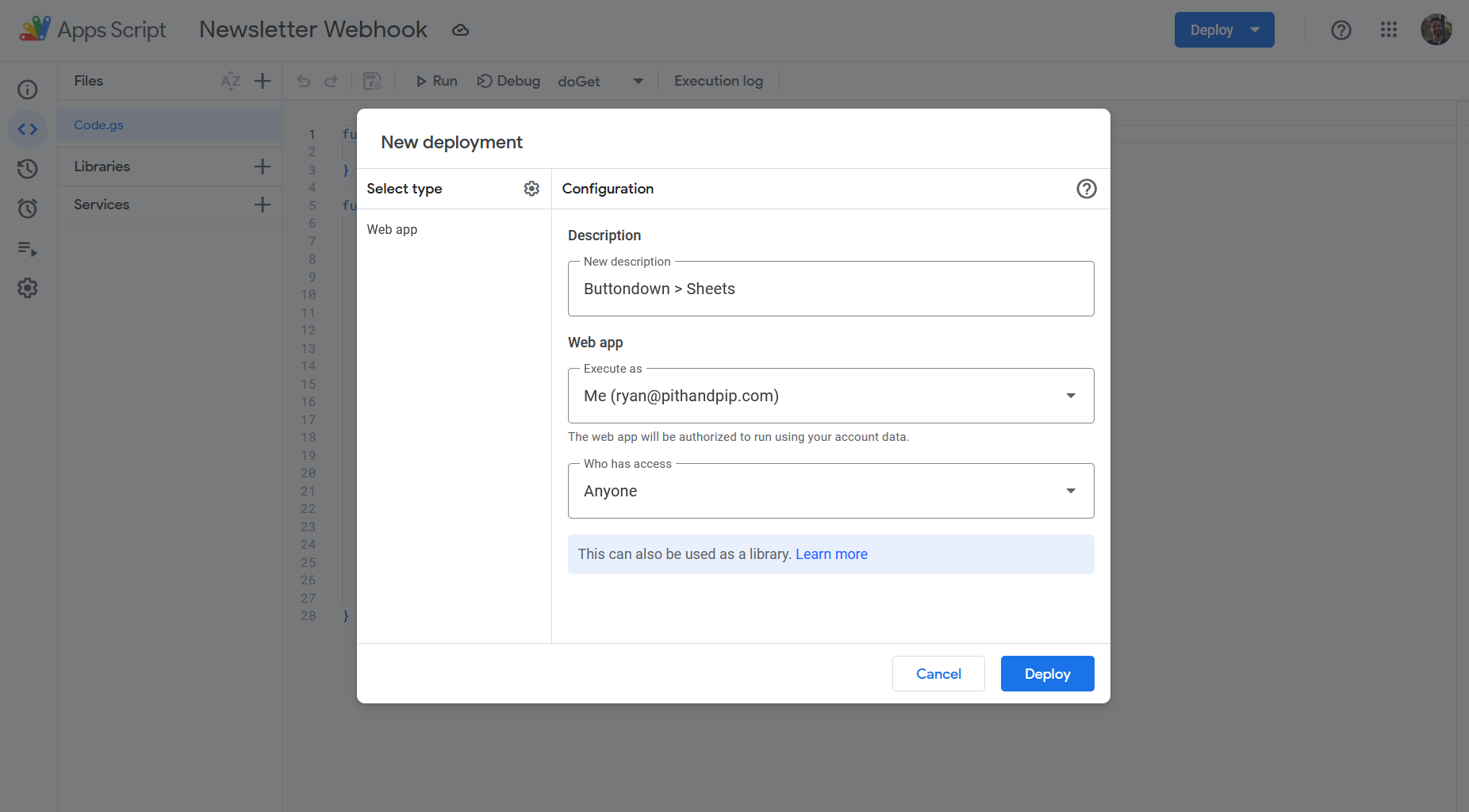 The deployment screen in Google Sheets App Script, showing fields for Description, Execute as, and Who has access