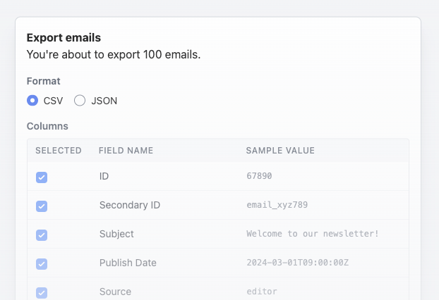 A screenshot of the new export dialog